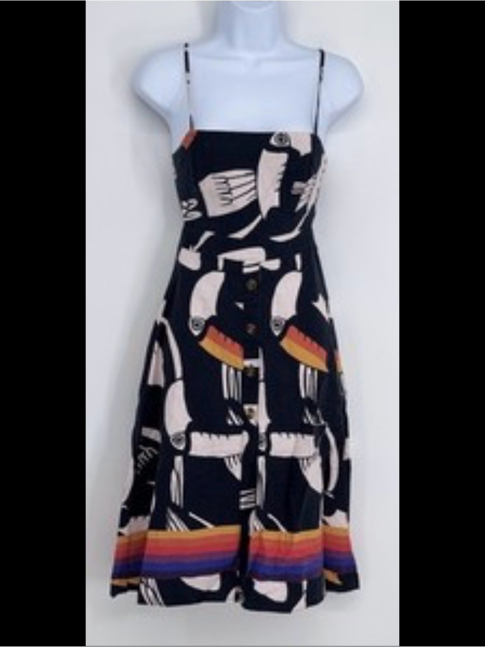 FARM Rio Navy Toucan-Print Midi Dress with Rainbow Band